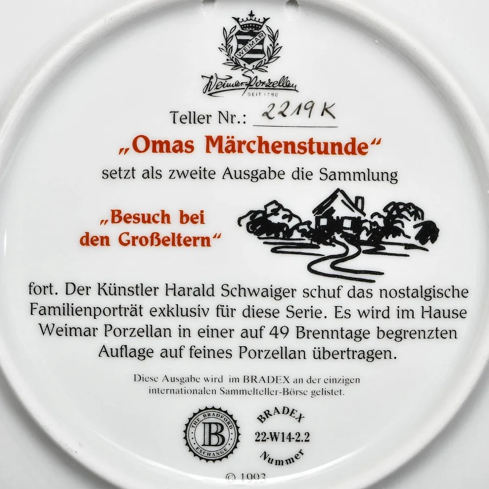 Коллекционная Тарелка «Бабушкины сказки» Фарфор, Weimar Porzellan Германия -1993 год. 