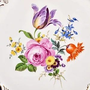 Коллекционное Фарфоровое Блюдо - Тарелка «Букет с тюльпаном и розой», Кобальт, MEISSEN Германия - 1970 год.