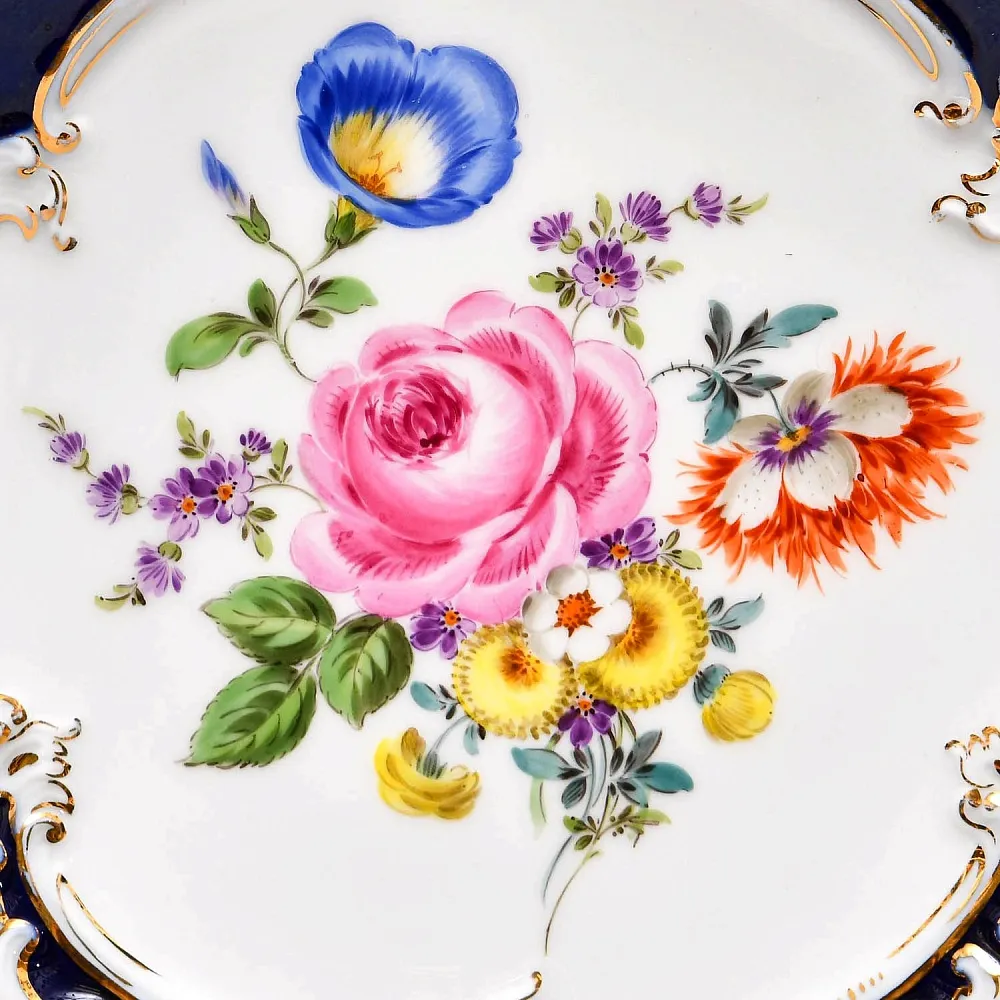Коллекционное Фарфоровое Блюдо - Тарелка «Букет с розой и колокольчиком» Кобальт, MEISSEN Германия. 