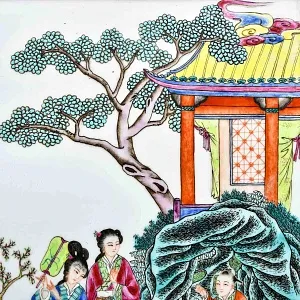 Большой Фарфоровый пласт - Картина - Панно «Семейная прогулка в саду», Китай, середина ХХ века. 