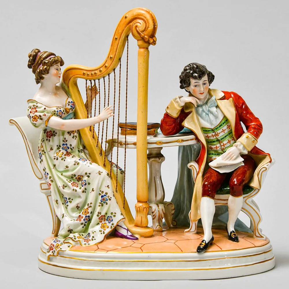 Антикварная Статуэтка «Арфистка и Кавалер - Репетиция», фарфор Scheibe - Alsbach, Германия.
