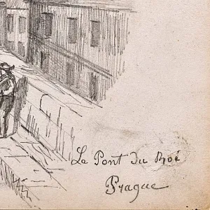 Антикварная Авторская Картина - Рисунок «Королевский Мост», Прага Чехия начало ХХ века.