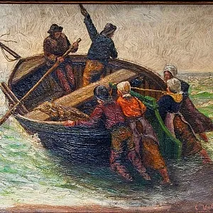 Художественная Картина Пейзаж «Рыбацкая Лодка». Германия, середина ХХ века.