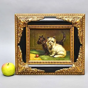 Старинная Картина «Шотландские Терьеры — Два Друга», Доска, масло, Англия середина ХХ века. 