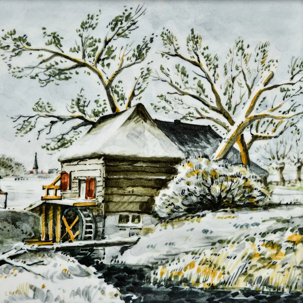 Фарфоровый Пласт - Картина - Панно «Сельский пейзаж. Мельница», Royal Delft Голландия 50 гг.