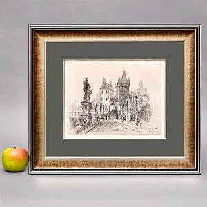 Антикварная Авторская Картина - Рисунок «Королевский Мост», Прага Чехия начало ХХ века.