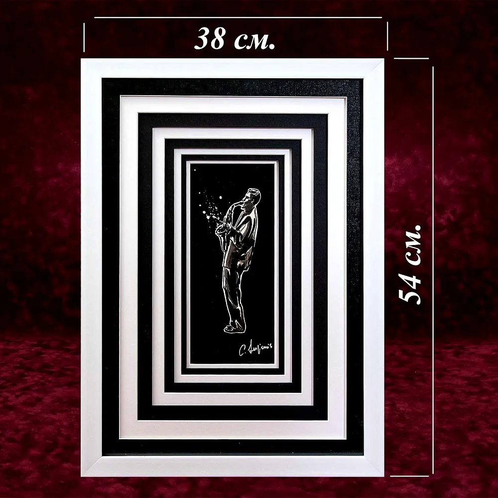 Картина - Коллаж «МУЗЫКАНТ - Саксофонист». Перо, Карандаш, в раме с паспарту, Франция.