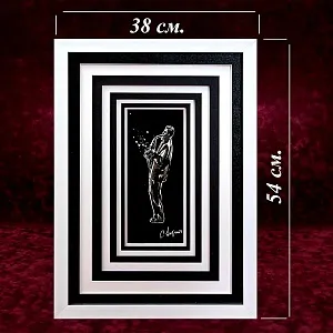 Картина - Коллаж «МУЗЫКАНТ - Саксофонист». Перо, Карандаш, в раме с паспарту, Франция.