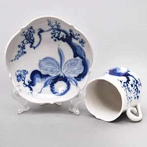 Коллекционная Фарфоровая Кофейная пара «Голубые орхидеи», MEISSEN Германия, середина ХХ века. 