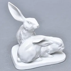 Коллекционная Фарфоровая статуэтка «Два Зайца», HEREND Венгрия, середина ХХ века. 