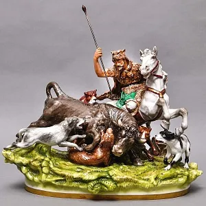 Антикварная Фарфоровая статуэтка «ОХОТА НА БЫКА», Scheibe-Alsbach Германия, первая половина ХХ века. 