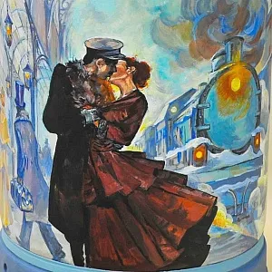 Авторская Картина на Винтажном Бидоне «Паровоз, Перрон и Любовь» - «Зонтичница» или Ёмкость - для хранения зонтов и тростей .