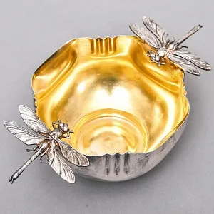 Винтажная Металлическая сахарница с щипчиками «СТРЕКОЗЫ», Англия - середина ХХ века. 