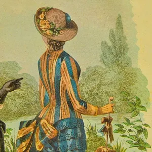 Винтажная Картина - Иллюстрация - Гравюра «Мода. Дамы у пруда», Франция.