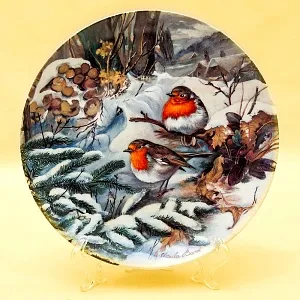 Коллекционная Тарелка «Зарянки на снегу» Фарфор, Hutschenreuther, Германия -1992 год.