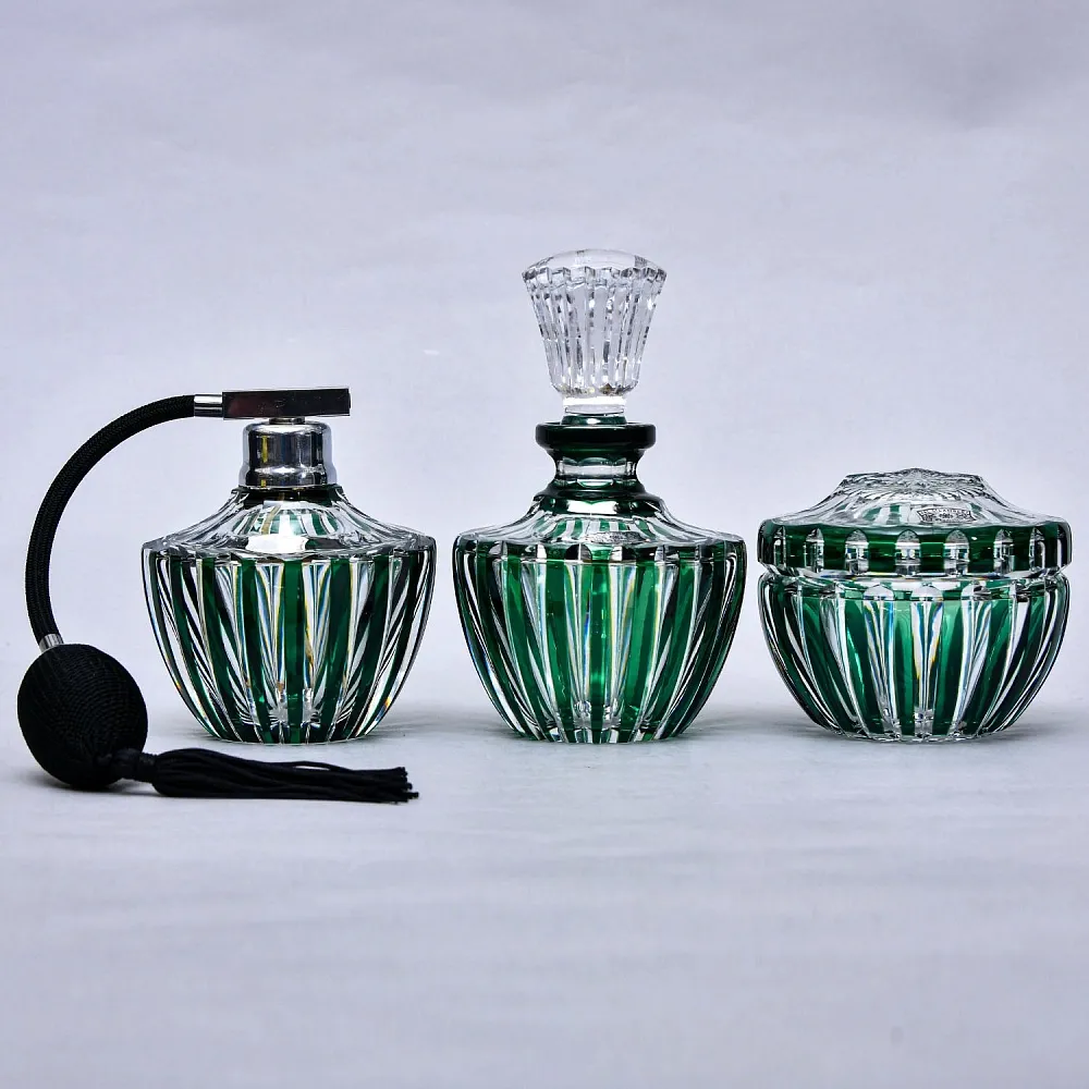 Винтажный Парфюмерный Набор из 3-х предметов, Цветной Хрусталь VAL SAINT LAMBERT, Бельгия.