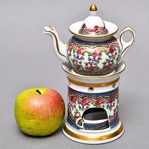 Антикварный Заварочный Чайник на подставке «Цветочная симфония», Франция - первая половина ХХ века. 