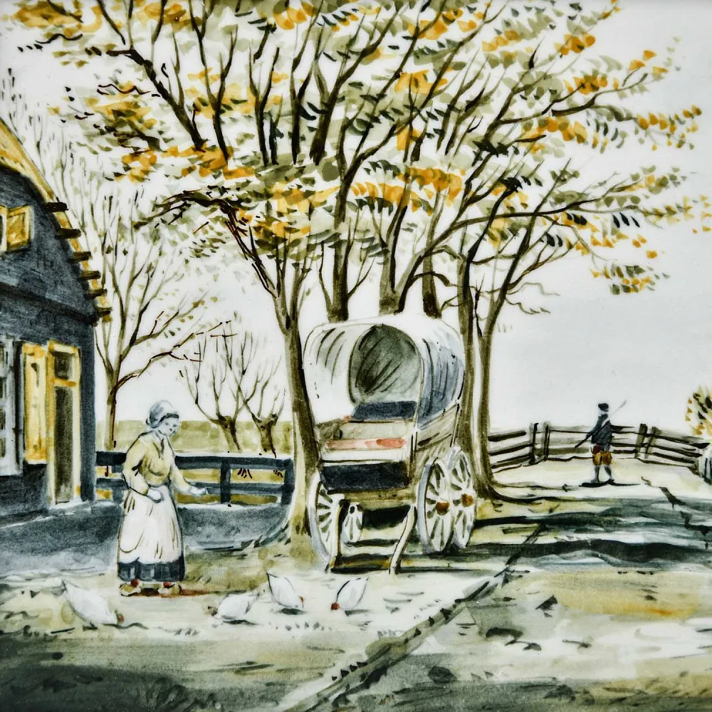 Фарфоровый Пласт - Картина - Панно «Сельский пейзаж. Подворье», Royal Delft Голландия 50 гг.