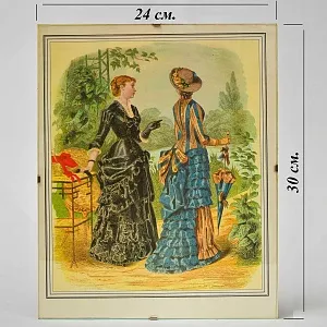 Винтажная Картина - Иллюстрация - Гравюра «Мода. Дамы у пруда», Франция.