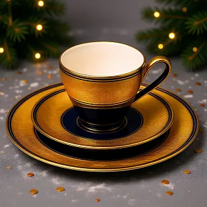 Винтажная Чайная пара + Тарелка (Тройка) «Золотые узоры», Фарфор LINDNER Kups Bavaria, Германия.