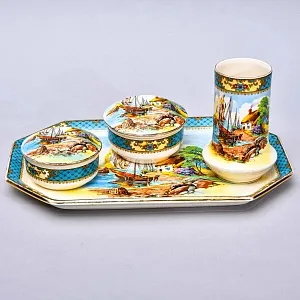 Редкость! Винтажный Будуарный Набор «Рыбацкая лодка» из 4-х предметов, Фаянс Falkon Ware, Англия.