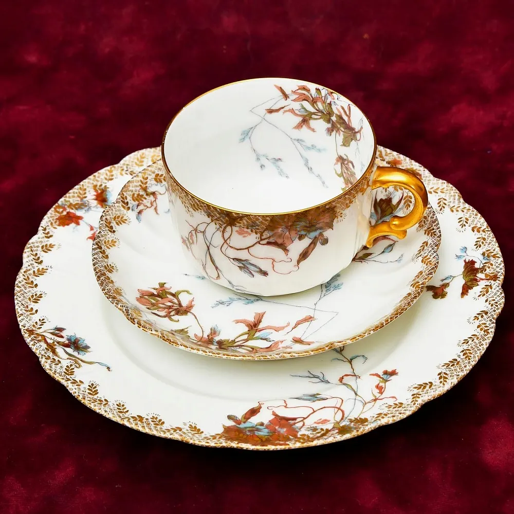 Антикварная Фарфоровая Чайно-Кофейная пара + Тарелка (тройка), Франция Limoges, 1876 - 1896 годы. 