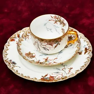 Антикварная Фарфоровая Чайно-Кофейная пара + Тарелка (тройка), Франция Limoges, 1876 - 1896 годы. 