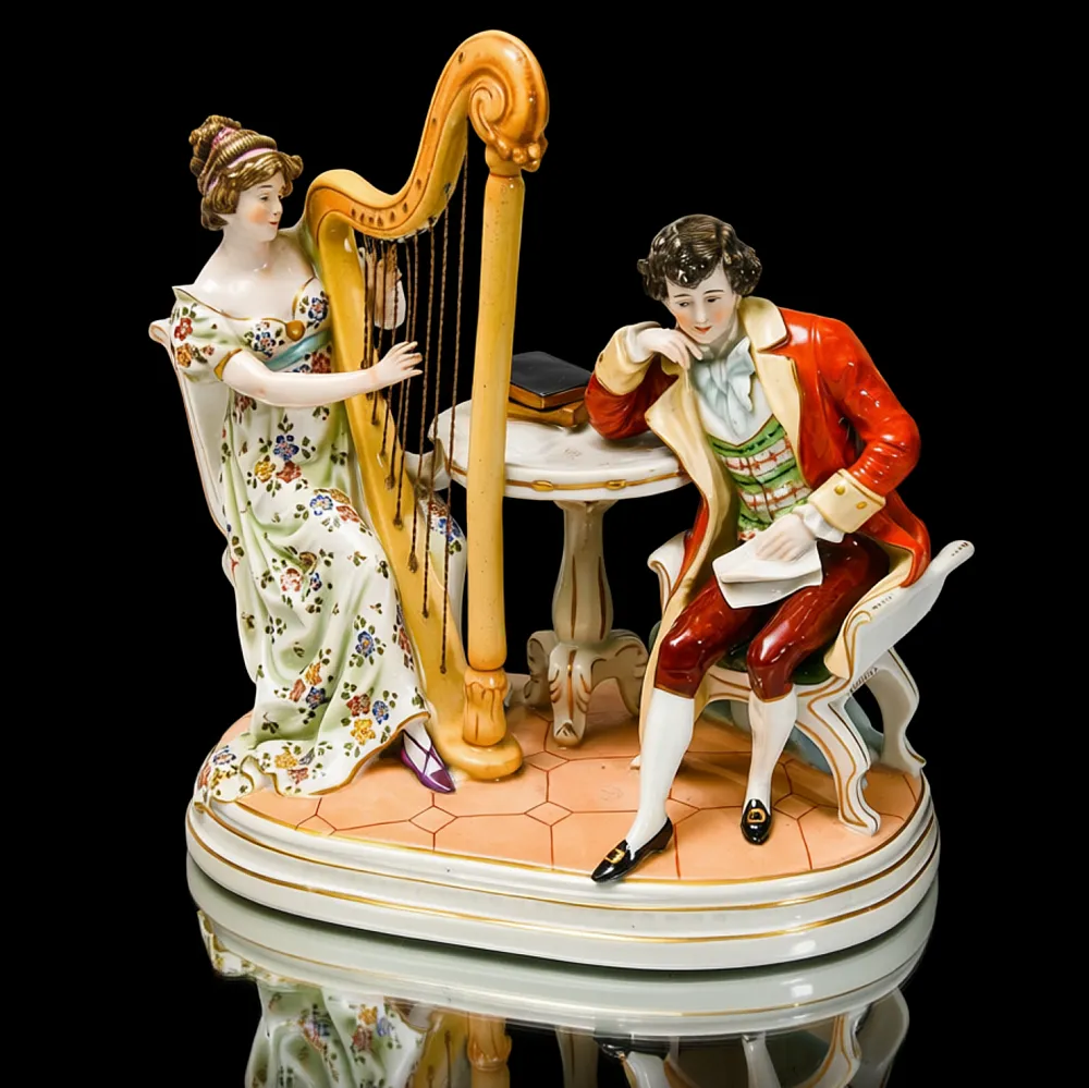 Антикварная Статуэтка «Арфистка и Кавалер - Репетиция», фарфор Scheibe - Alsbach, Германия.