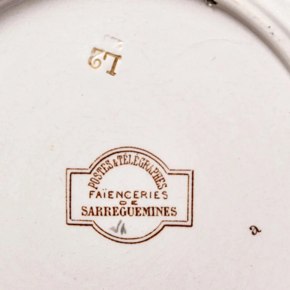 Антикварная Тарелка «Первая телеграфная линия», Фаянс Sarreguemines, Франция конец XIX века.