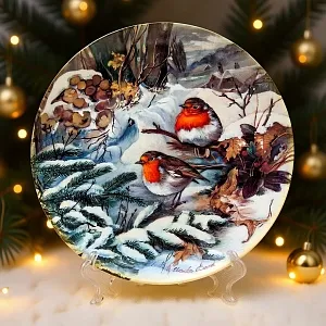 Коллекционная Тарелка «Зарянки на снегу» Фарфор, Hutschenreuther, Германия -1992 год.