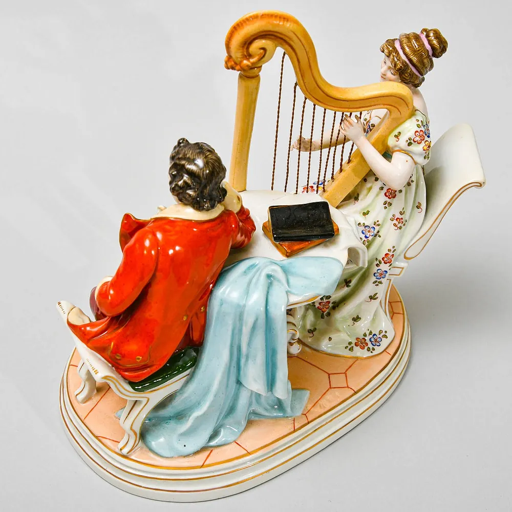 Антикварная Статуэтка «Арфистка и Кавалер - Репетиция», фарфор Scheibe - Alsbach, Германия.