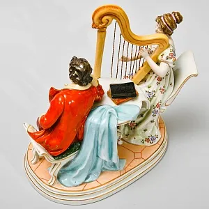 Антикварная Статуэтка «Арфистка и Кавалер - Репетиция», фарфор Scheibe - Alsbach, Германия.