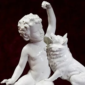 Большая Антикварная Авторская Статуэтка «Мальчик с собакой», Фарфор Villenauxe, Франция -30 гг.