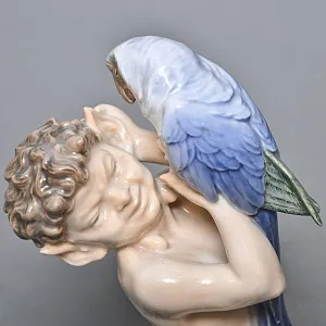 Коллекционная Фарфоровая статуэтка «Фавн с попугаем», Royal Copenhagen Дания, 50-е годы.