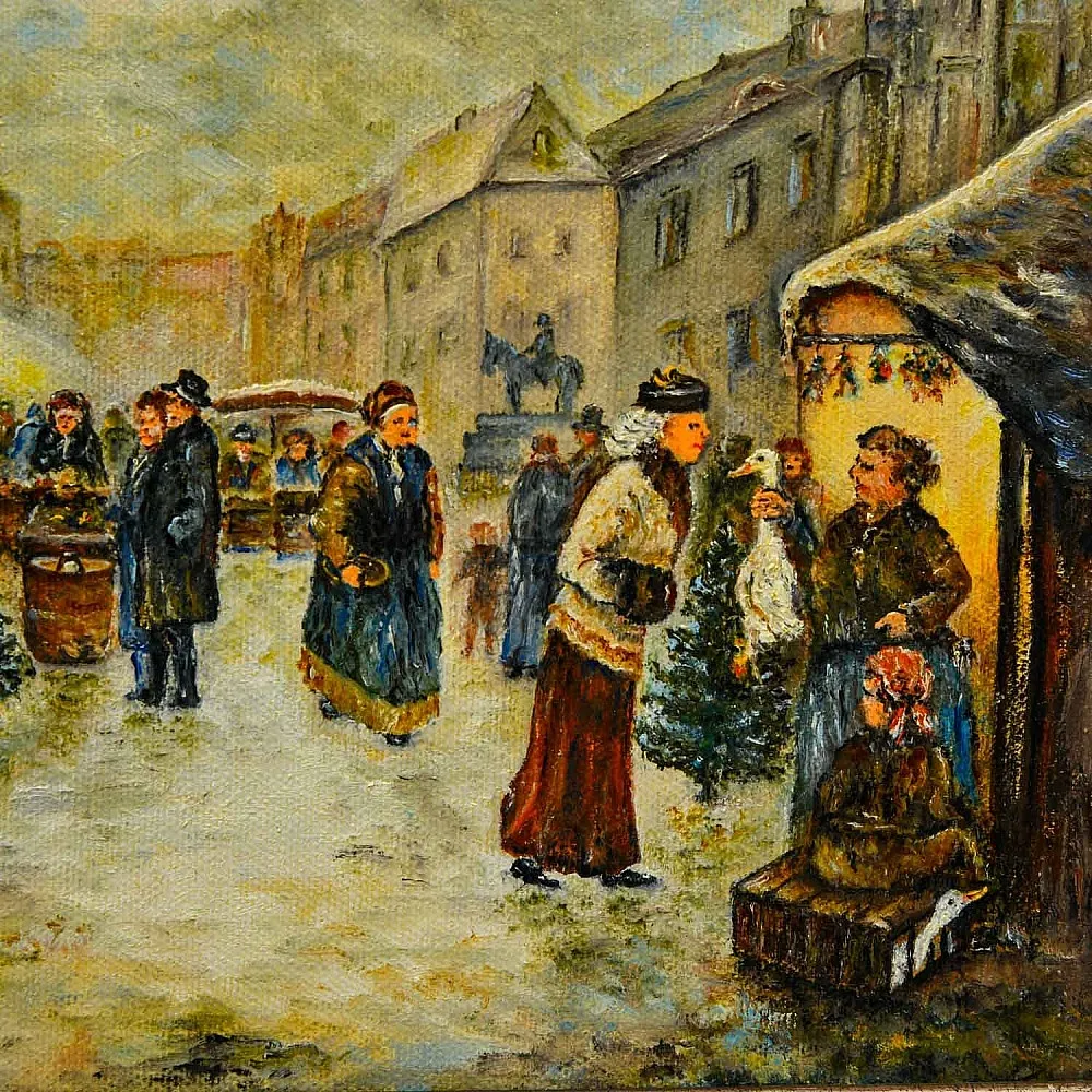 Очаровательная Картина «РОЖДЕСТВЕНСАЯ ЯРМАРКА», Холст, Масло. Германия 1991 год.