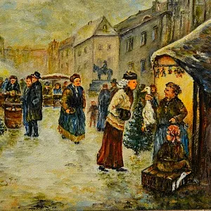 Очаровательная Картина «РОЖДЕСТВЕНСАЯ ЯРМАРКА», Холст, Масло. Германия 1991 год.