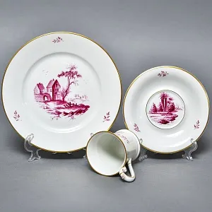 Фарфоровая Кофейная пара + тарелка «Пейзаж с башней», Hochst Германия, середина XX века. 