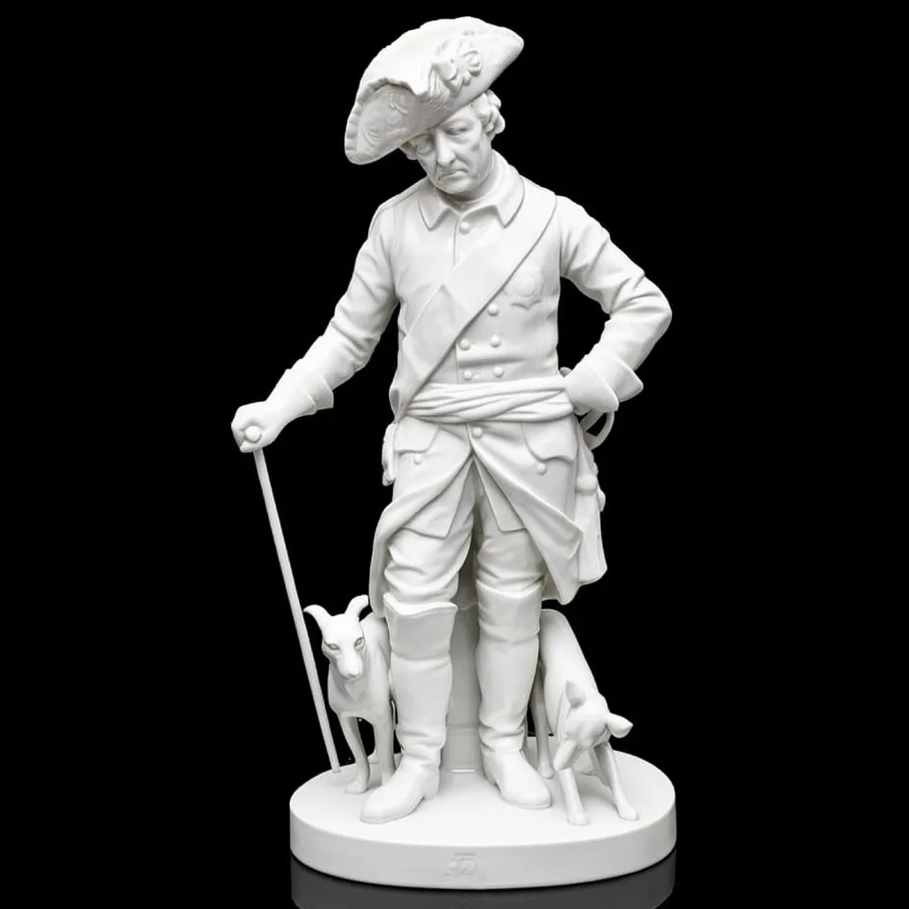 Антикварная Фарфоровая статуэтка «Старый Фриц. Король Пруссии Фридрих II с собаками»,  Volkstedt Германия.