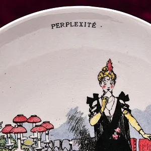 Антикварная Тарелка «Размышления перед банкетом. Недоумение», Фаянс Sarreguemines, Франция конец XIX века.