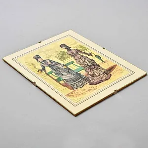 Винтажная Картина - Иллюстрация - Гравюра «Мода. Дамы у скамейки», Франция.