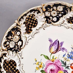 Коллекционное Фарфоровое Блюдо - Тарелка «Букет с тюльпаном и розой», Кобальт, MEISSEN Германия - 1970 год.