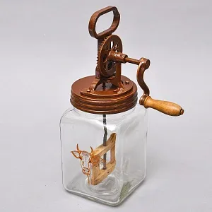 Старинная Кухонная Механическая Маслобойка, Стекло / Металл, Германия середина ХХ века. 