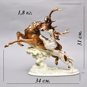 Коллекционная Фарфоровая статуэтка «Охота. Олень и собака», Hutschenreuther Германия.