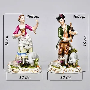 Коллекционные Парные Фарфоровые статуэтки «Пастух и Пастушка. Игра на волынке», Karl Klette Германия.
