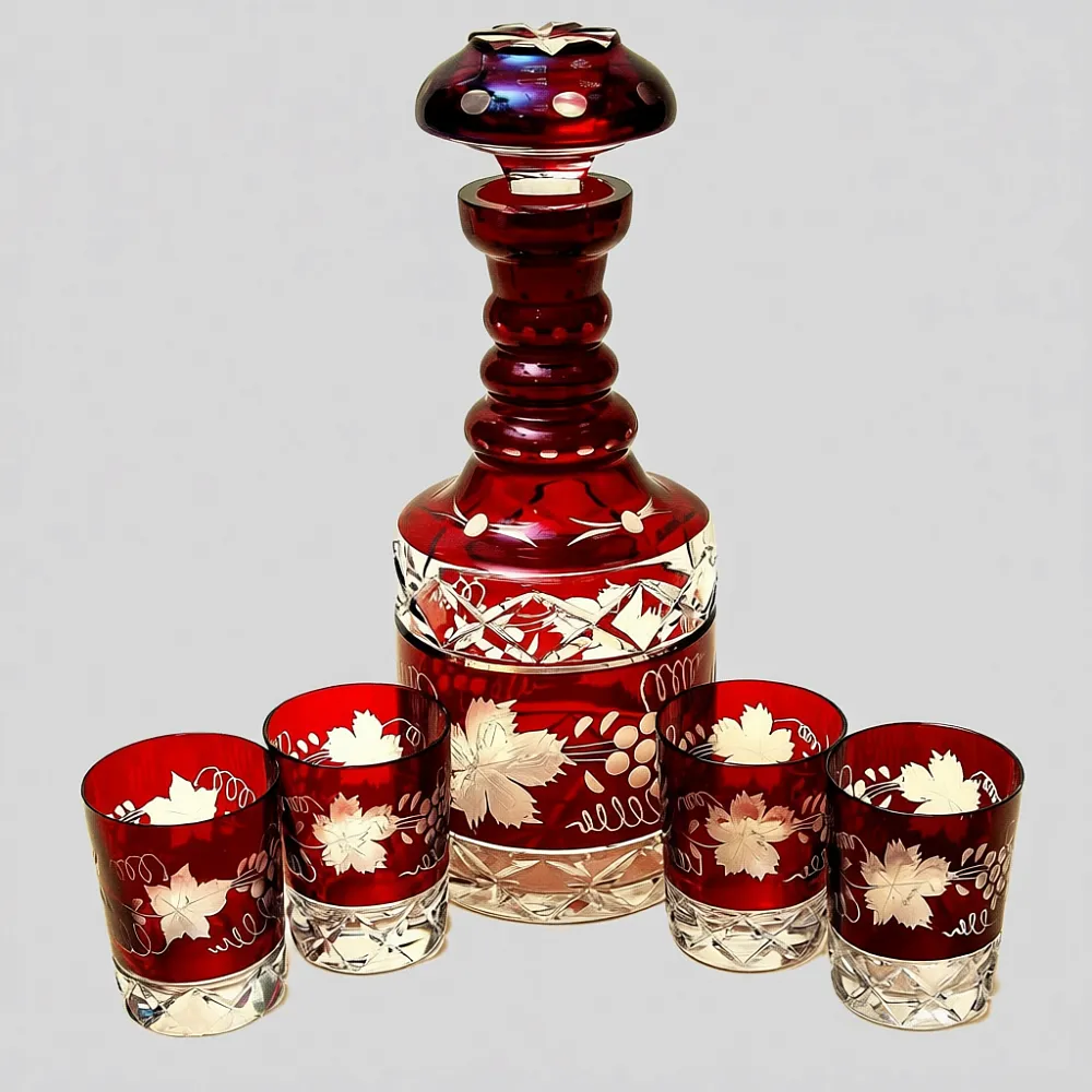 Графин и Четыре Стакана «Виноград» из Цветного Хрусталя DOROTHEENHUTTE Западная Германия 60гг.