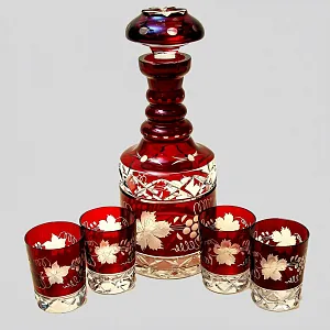 Графин и Четыре Стакана «Виноград» из Цветного Хрусталя DOROTHEENHUTTE Западная Германия 60гг.