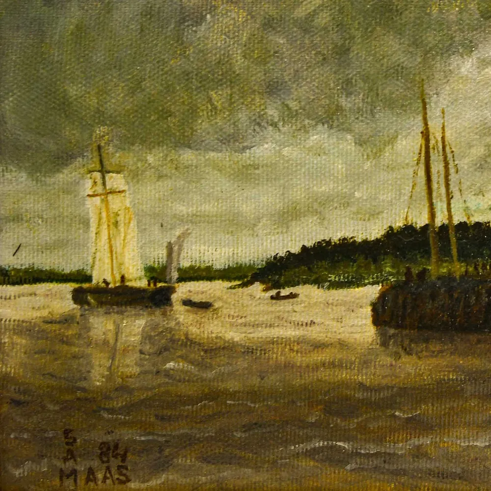 Картина - Пейзаж «Река Маас. Пейзаж с мельницей», Холст, Масло. Голландия 1984 год.