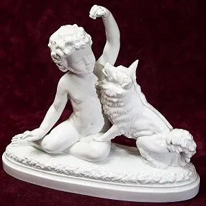 Большая Антикварная Авторская Статуэтка «Мальчик с собакой», Фарфор Villenauxe, Франция -30 гг.