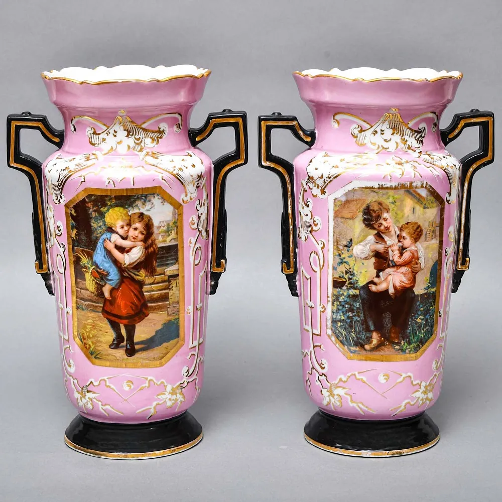 Редкость! Антикварные Парные Фарфоровые Вазы «Мгновения детства», Франция, конец XIX века. 