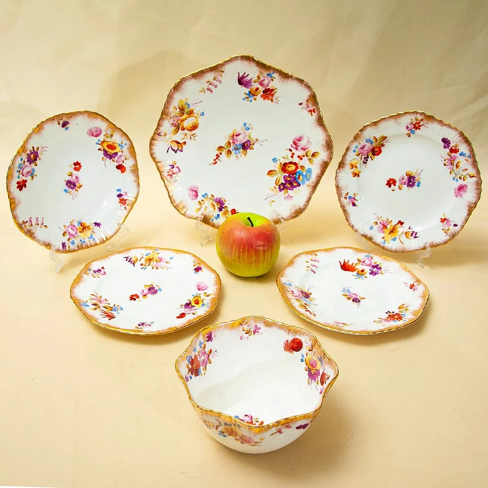 Антикварный Фарфоровый Десертный набор тарелок «Летний сад», Англия, конец ХIX - начало ХХ века.